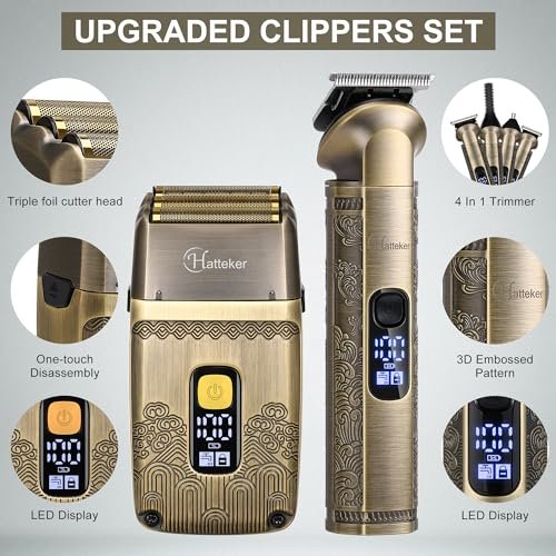 Hatteker Professional Hair Clipper Electric Razor Foil Shaver for Men - Cordless Waterproof Grooming Kit with Triple Blades, Bronze Avelisse