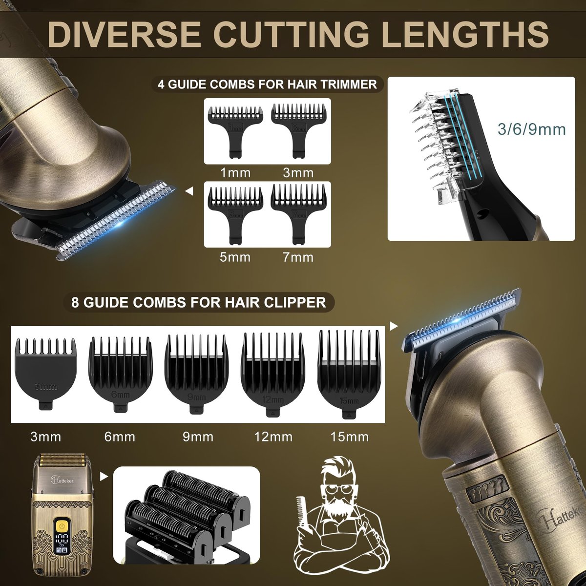 Hatteker Professional Hair Clipper Electric Razor Foil Shaver for Men - Cordless Waterproof Grooming Kit with Triple Blades, Bronze Avelisse
