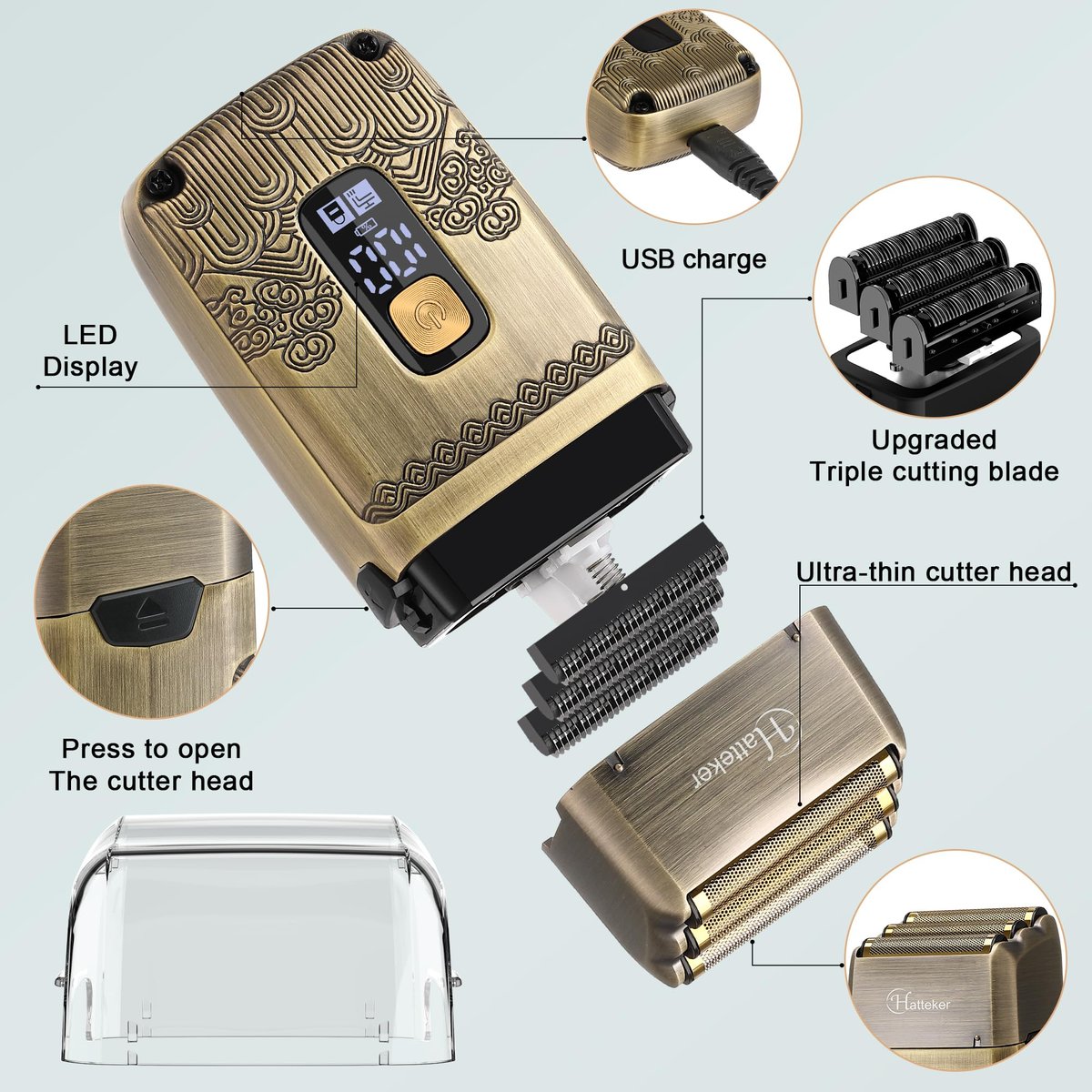 Hatteker Professional Hair Clipper Electric Razor Foil Shaver for Men - Cordless Waterproof Grooming Kit with Triple Blades, Bronze Avelisse