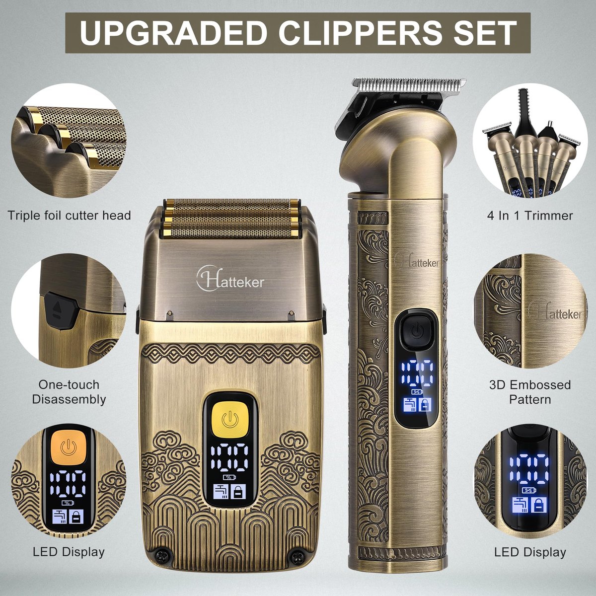 Hatteker Professional Hair Clipper Electric Razor Foil Shaver for Men - Cordless Waterproof Grooming Kit with Triple Blades, Bronze Avelisse