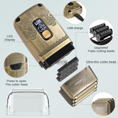 Hatteker Professional Hair Clipper Electric Razor Foil Shaver for Men - Cordless Waterproof Grooming Kit with Triple Blades, Bronze Avelisse