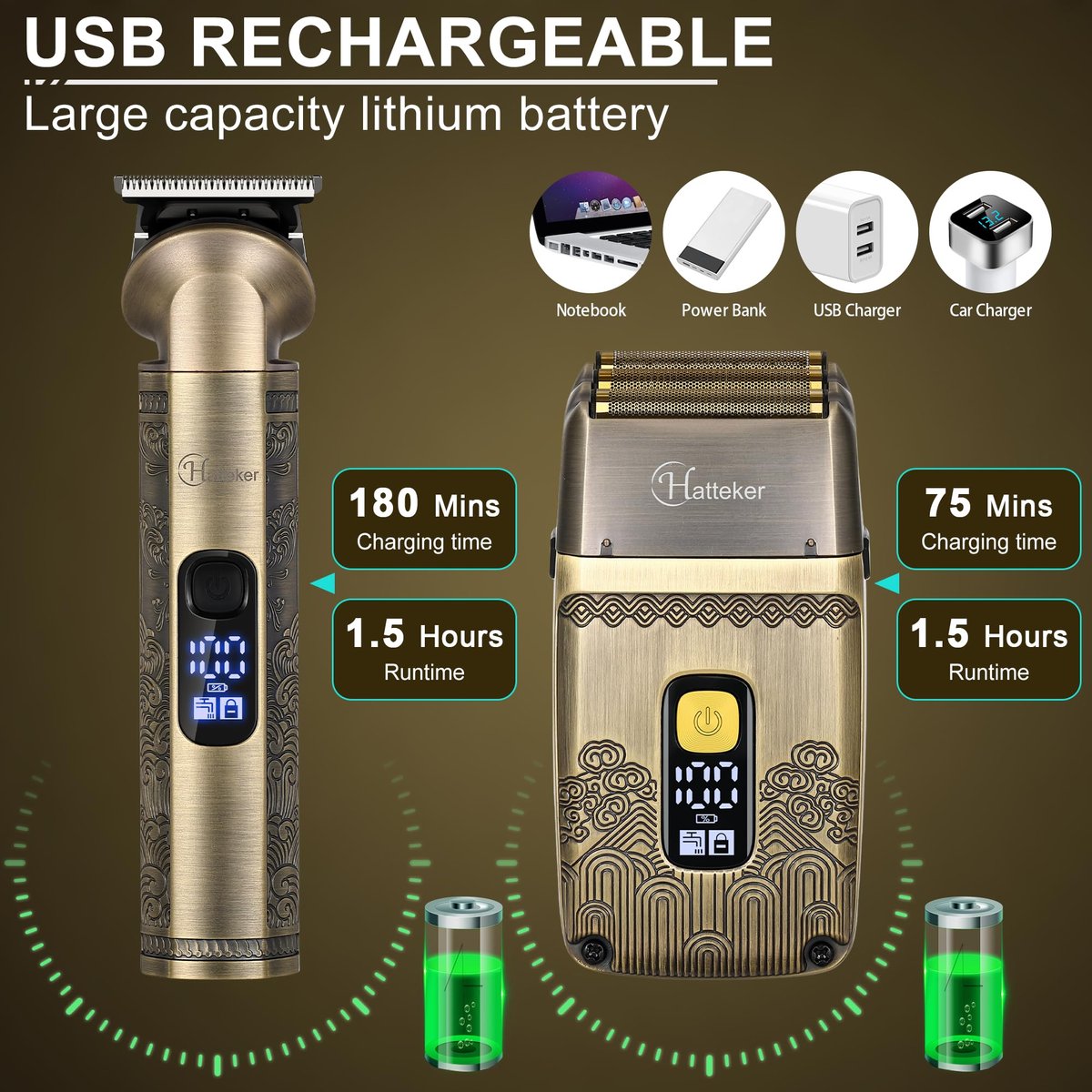 Hatteker Professional Hair Clipper Electric Razor Foil Shaver for Men - Cordless Waterproof Grooming Kit with Triple Blades, Bronze Avelisse