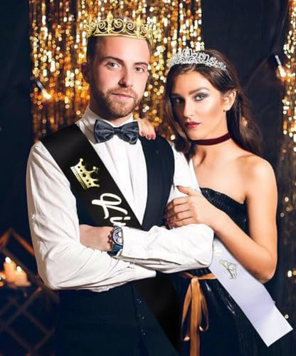 King and Queen Crown Set with Sashes - Gold & Silver Metal Crowns for Prom, Homecoming, Wedding, Birthday, Halloween Avelisse