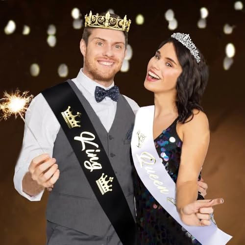 King and Queen Crown Set with Sashes - Gold & Silver Metal Crowns for Prom, Homecoming, Wedding, Birthday, Halloween Avelisse