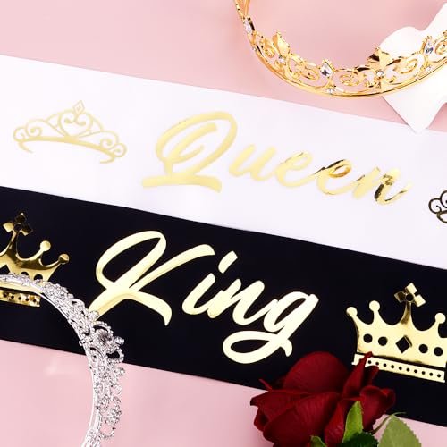 King and Queen Crown Set with Sashes - Gold & Silver Metal Crowns for Prom, Homecoming, Wedding, Birthday, Halloween Avelisse