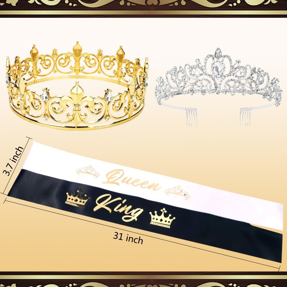 King and Queen Crown Set with Sashes - Gold & Silver Metal Crowns for Prom, Homecoming, Wedding, Birthday, Halloween Avelisse