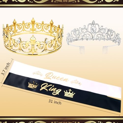 King and Queen Crown Set with Sashes - Gold & Silver Metal Crowns for Prom, Homecoming, Wedding, Birthday, Halloween Avelisse