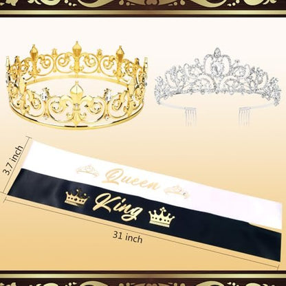 King and Queen Crown Set with Sashes - Gold & Silver Metal Crowns for Prom, Homecoming, Wedding, Birthday, Halloween Avelisse