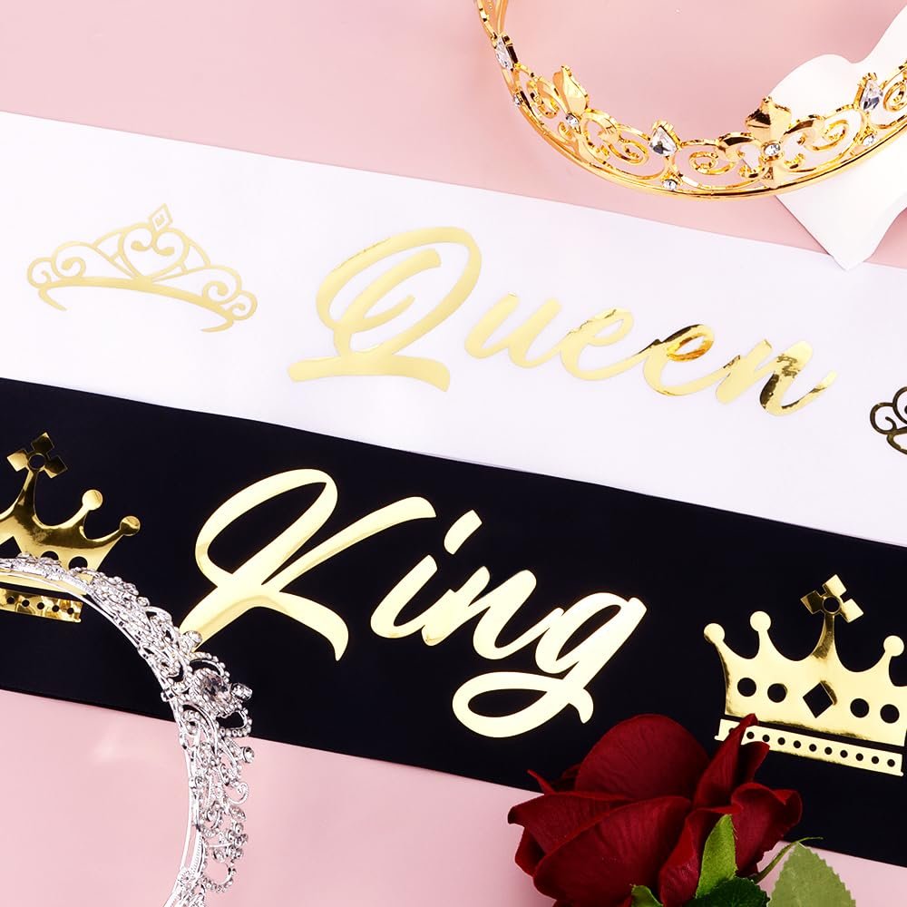 King and Queen Crown Set with Sashes - Gold & Silver Metal Crowns for Prom, Homecoming, Wedding, Birthday, Halloween Avelisse