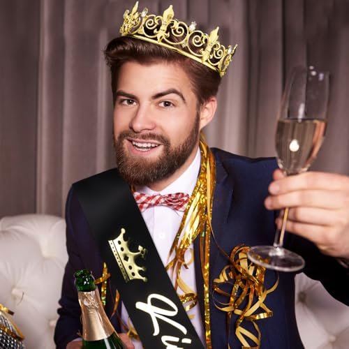 King and Queen Crown Set with Sashes - Gold & Silver Metal Crowns for Prom, Homecoming, Wedding, Birthday, Halloween Avelisse