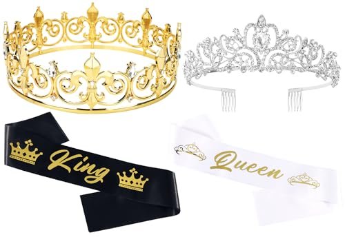 King and Queen Crown Set with Sashes - Gold & Silver Metal Crowns for Prom, Homecoming, Wedding, Birthday, Halloween Avelisse