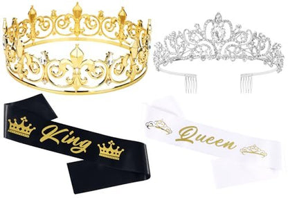 King and Queen Crown Set with Sashes - Gold & Silver Metal Crowns for Prom, Homecoming, Wedding, Birthday, Halloween Avelisse