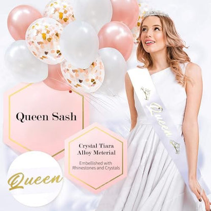 King and Queen Crown Set with Sashes - Gold & Silver Metal Crowns for Prom, Homecoming, Wedding, Birthday, Halloween Avelisse