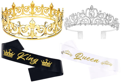 King and Queen Crown Set with Sashes - Gold & Silver Metal Crowns for Prom, Homecoming, Wedding, Birthday, Halloween Avelisse