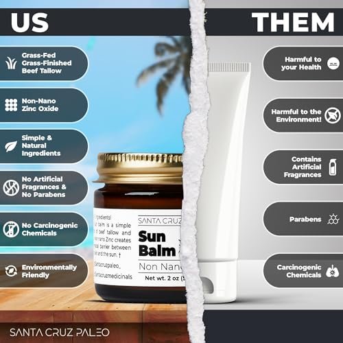 Santa Cruz Paleo Beef Tallow Sun Balm with Non-Nano Zinc Oxide – Unscented Natural Mineral Sun Protection for Face & Body, Acne Safe, Non-Comedogenic Moisturizer, Organic Balm, 2 Oz Avelisse
