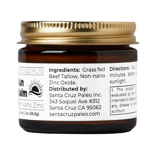 Santa Cruz Paleo Beef Tallow Sun Balm with Non-Nano Zinc Oxide – Unscented Natural Mineral Sun Protection for Face & Body, Acne Safe, Non-Comedogenic Moisturizer, Organic Balm, 2 Oz Avelisse