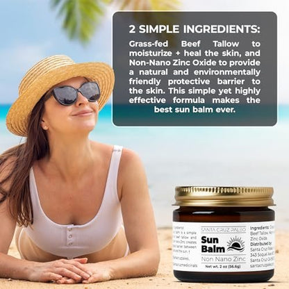 Santa Cruz Paleo Beef Tallow Sun Balm with Non-Nano Zinc Oxide – Unscented Natural Mineral Sun Protection for Face & Body, Acne Safe, Non-Comedogenic Moisturizer, Organic Balm, 2 Oz Avelisse