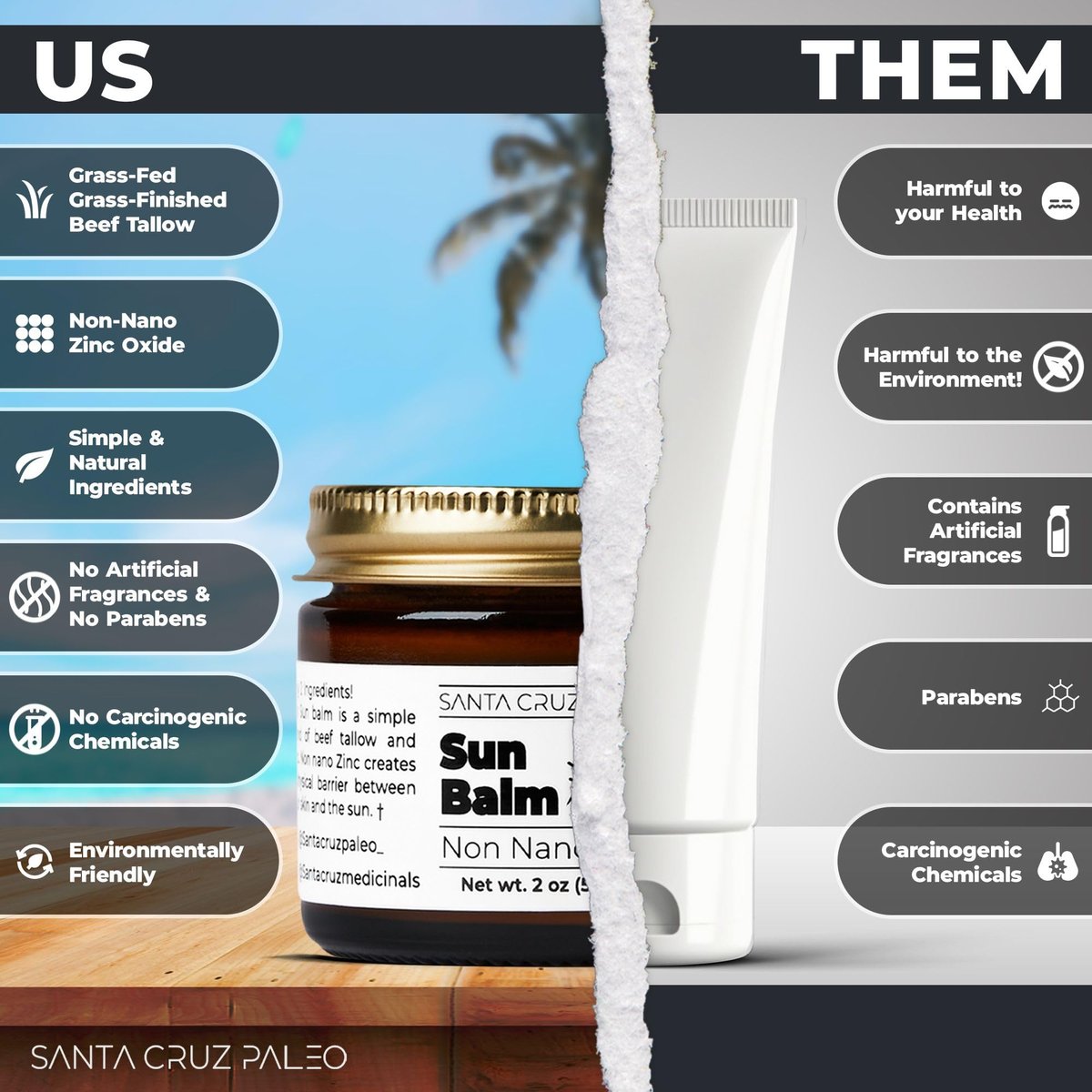 Santa Cruz Paleo Beef Tallow Sun Balm with Non-Nano Zinc Oxide – Unscented Natural Mineral Sun Protection for Face & Body, Acne Safe, Non-Comedogenic Moisturizer, Organic Balm, 2 Oz Avelisse