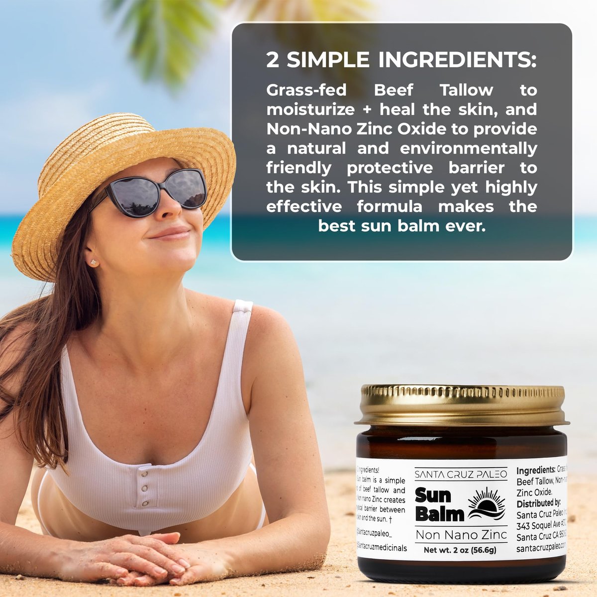 Santa Cruz Paleo Beef Tallow Sun Balm with Non-Nano Zinc Oxide – Unscented Natural Mineral Sun Protection for Face & Body, Acne Safe, Non-Comedogenic Moisturizer, Organic Balm, 2 Oz Avelisse