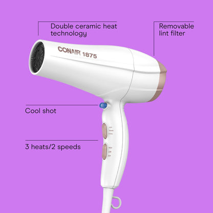 Conair Double Ceramic Hair Dryer with Diffuser - Ionic Blow Dryer for Frizz-Free Shine, Includes Diffuser & Concentrator, White Avelisse