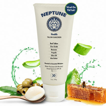 Neptune Non-Toxic Sunscreen - Grass Fed Beef Tallow, Zinc Oxide Mineral Sunscreen with Propolis for Skin Healing and Moisturization (3 Fl Oz) Avelisse