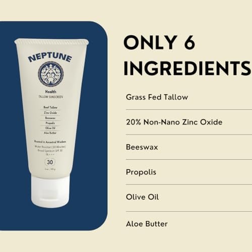Neptune Non-Toxic Sunscreen - Grass Fed Beef Tallow, Zinc Oxide Mineral Sunscreen with Propolis for Skin Healing and Moisturization (3 Fl Oz) Avelisse