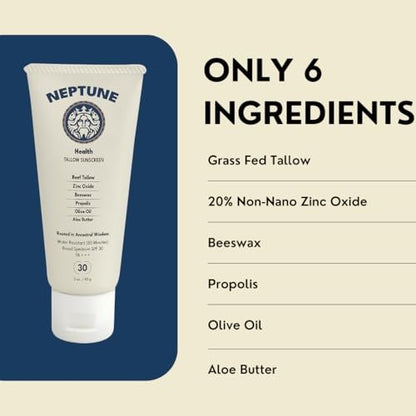Neptune Non-Toxic Sunscreen - Grass Fed Beef Tallow, Zinc Oxide Mineral Sunscreen with Propolis for Skin Healing and Moisturization (3 Fl Oz) Avelisse
