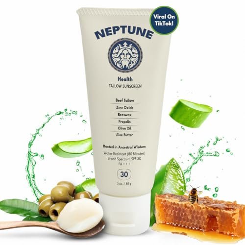 Neptune Non-Toxic Sunscreen - Grass Fed Beef Tallow, Zinc Oxide Mineral Sunscreen with Propolis for Skin Healing and Moisturization (3 Fl Oz) Avelisse