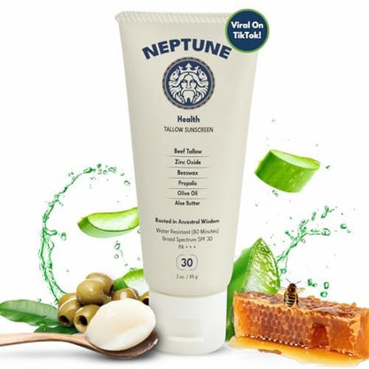 Neptune Non-Toxic Sunscreen - Grass Fed Beef Tallow, Zinc Oxide Mineral Sunscreen with Propolis for Skin Healing and Moisturization (3 Fl Oz) Avelisse