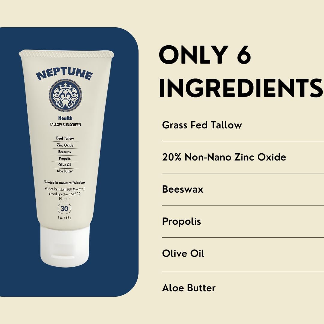 Neptune Non-Toxic Sunscreen - Grass Fed Beef Tallow, Zinc Oxide Mineral Sunscreen with Propolis for Skin Healing and Moisturization (3 Fl Oz) Avelisse
