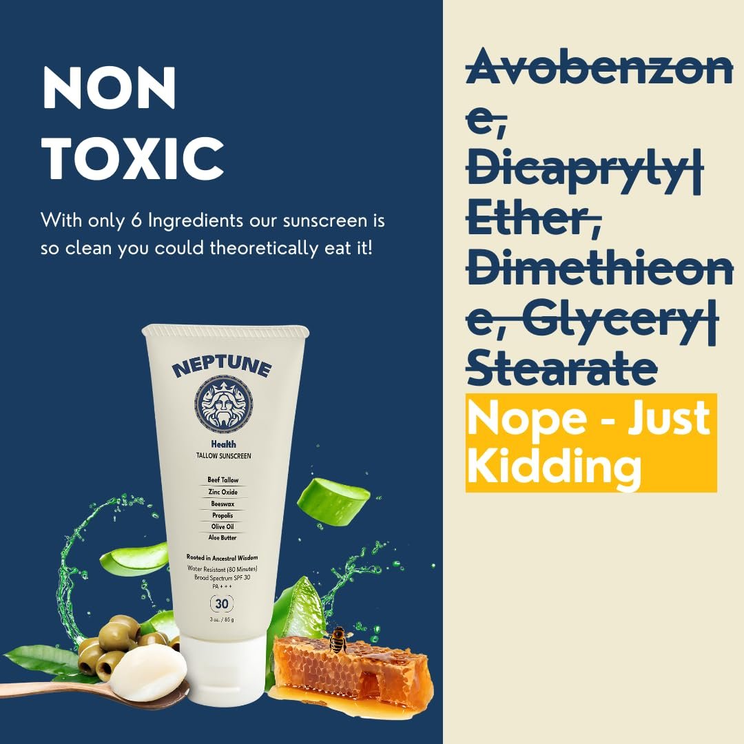 Neptune Non-Toxic Sunscreen - Grass Fed Beef Tallow, Zinc Oxide Mineral Sunscreen with Propolis for Skin Healing and Moisturization (3 Fl Oz) Avelisse