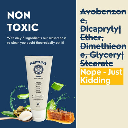 Neptune Non-Toxic Sunscreen - Grass Fed Beef Tallow, Zinc Oxide Mineral Sunscreen with Propolis for Skin Healing and Moisturization (3 Fl Oz) Avelisse