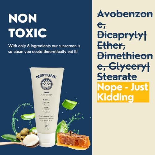 Neptune Non-Toxic Sunscreen - Grass Fed Beef Tallow, Zinc Oxide Mineral Sunscreen with Propolis for Skin Healing and Moisturization (3 Fl Oz) Avelisse