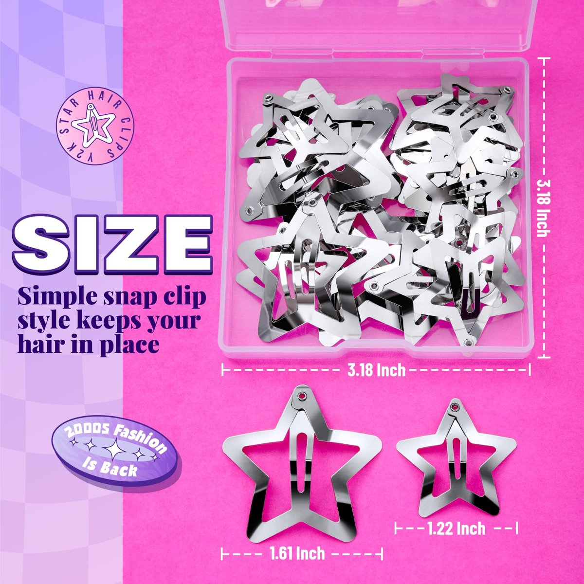 YGDZ Star Hair Clips and Barrettes Set - 20 pcs 1.22" Y2K Hair Accessories, 10 pcs 1.61" Silver Clips for Girls Women, Rave Accessories, Non-Slip Metal Snap Hair Clips - görsel 3
