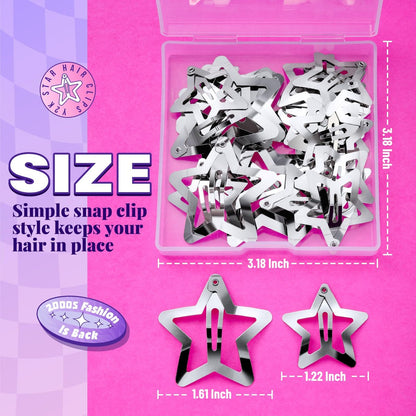 YGDZ Star Hair Clips and Barrettes Set - 20 pcs 1.22" Y2K Hair Accessories, 10 pcs 1.61" Silver Clips for Girls Women, Rave Accessories, Non-Slip Metal Snap Hair Clips