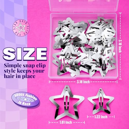 YGDZ Star Hair Clips and Barrettes Set - 20 pcs 1.22" Y2K Hair Accessories, 10 pcs 1.61" Silver Clips for Girls Women, Rave Accessories, Non-Slip Metal Snap Hair Clips - görsel 4