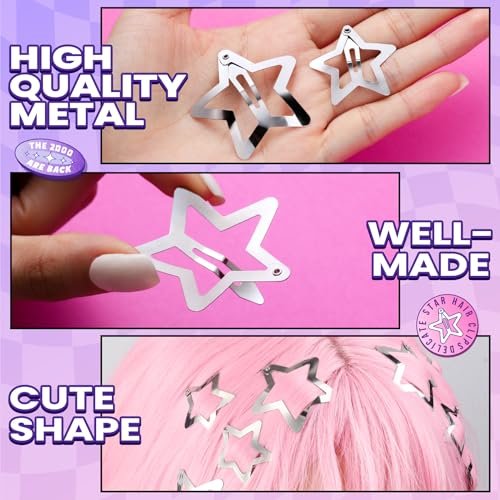 YGDZ Star Hair Clips and Barrettes Set - 20 pcs 1.22" Y2K Hair Accessories, 10 pcs 1.61" Silver Clips for Girls Women, Rave Accessories, Non-Slip Metal Snap Hair Clips - görsel 12