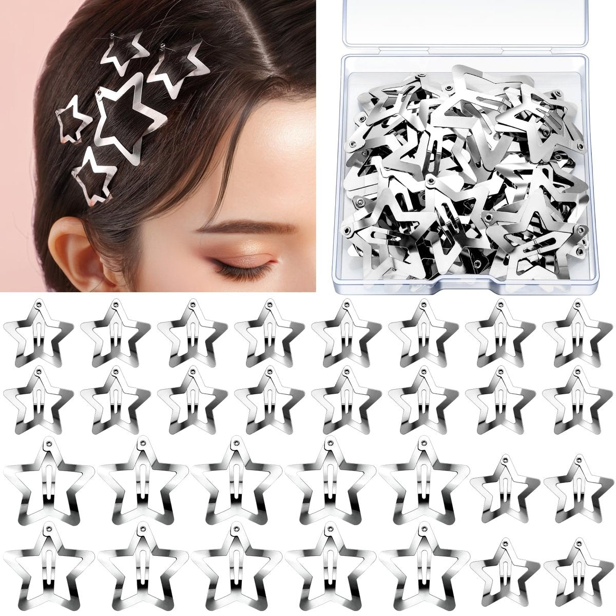 YGDZ Star Hair Clips and Barrettes Set - 20 pcs 1.22" Y2K Hair Accessories, 10 pcs 1.61" Silver Clips for Girls Women, Rave Accessories, Non-Slip Metal Snap Hair Clips - görsel 1