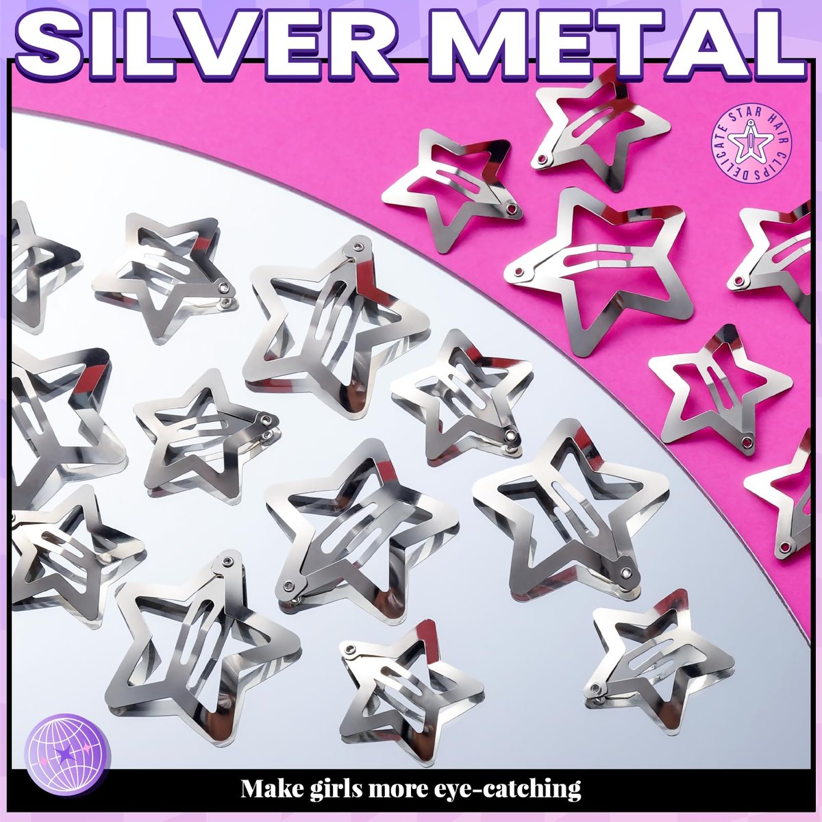 YGDZ Star Hair Clips and Barrettes Set - 20 pcs 1.22" Y2K Hair Accessories, 10 pcs 1.61" Silver Clips for Girls Women, Rave Accessories, Non-Slip Metal Snap Hair Clips - görsel 13