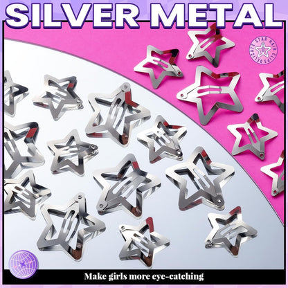 YGDZ Star Hair Clips and Barrettes Set - 20 pcs 1.22" Y2K Hair Accessories, 10 pcs 1.61" Silver Clips for Girls Women, Rave Accessories, Non-Slip Metal Snap Hair Clips