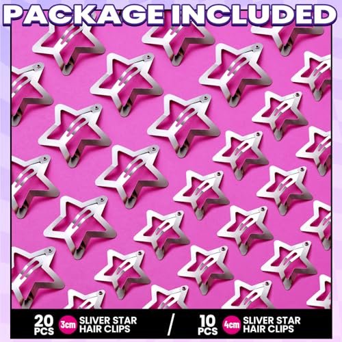 YGDZ Star Hair Clips and Barrettes Set - 20 pcs 1.22" Y2K Hair Accessories, 10 pcs 1.61" Silver Clips for Girls Women, Rave Accessories, Non-Slip Metal Snap Hair Clips - görsel 6