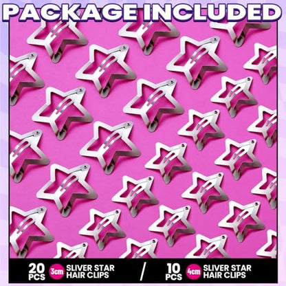 YGDZ Star Hair Clips and Barrettes Set - 20 pcs 1.22" Y2K Hair Accessories, 10 pcs 1.61" Silver Clips for Girls Women, Rave Accessories, Non-Slip Metal Snap Hair Clips