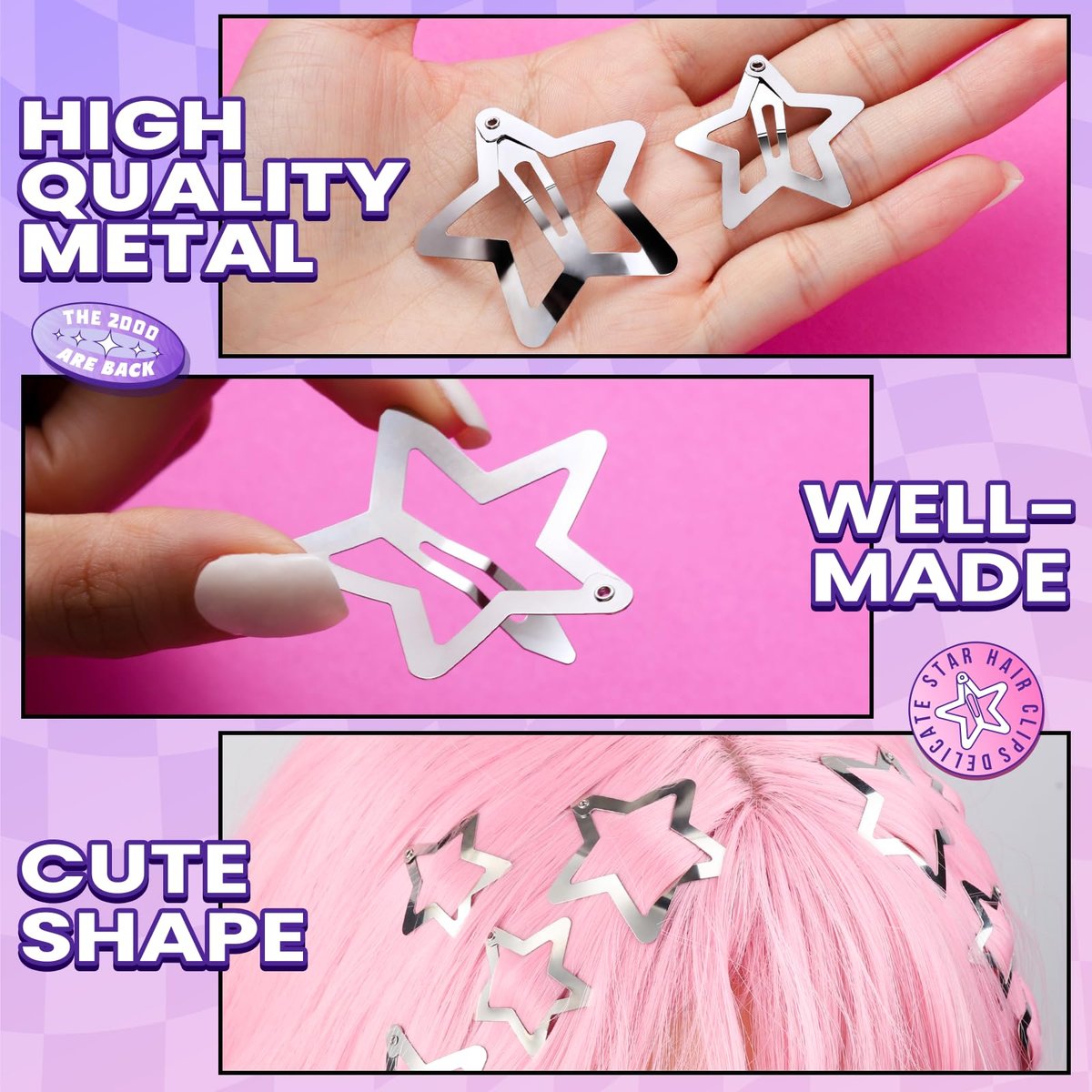YGDZ Star Hair Clips and Barrettes Set - 20 pcs 1.22" Y2K Hair Accessories, 10 pcs 1.61" Silver Clips for Girls Women, Rave Accessories, Non-Slip Metal Snap Hair Clips - görsel 11