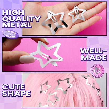 YGDZ Star Hair Clips and Barrettes Set - 20 pcs 1.22" Y2K Hair Accessories, 10 pcs 1.61" Silver Clips for Girls Women, Rave Accessories, Non-Slip Metal Snap Hair Clips