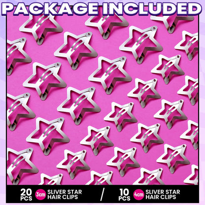 YGDZ Star Hair Clips and Barrettes Set - 20 pcs 1.22" Y2K Hair Accessories, 10 pcs 1.61" Silver Clips for Girls Women, Rave Accessories, Non-Slip Metal Snap Hair Clips