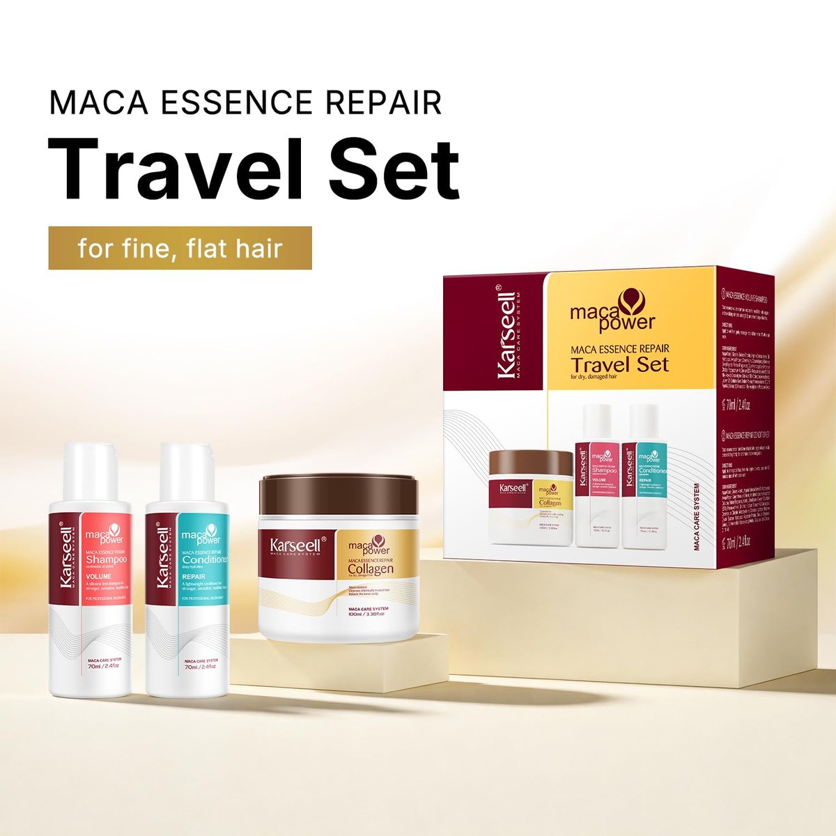Karseell Travel Shampoo and Conditioner Set with Collagen Hair Mask – 3 Piece Carry-On Vacation Kit (70 mL + 70 mL + 100 mL) Avelisse