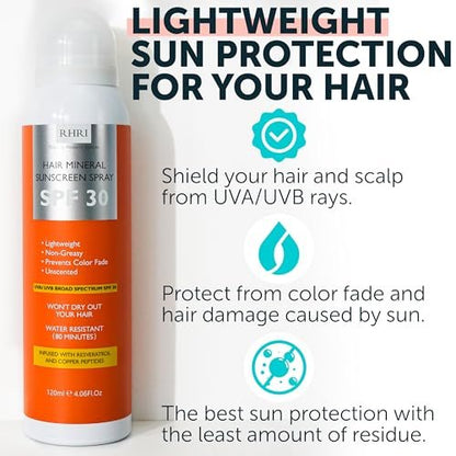 Premium SPF 30 Hair Sunscreen Aerosol Spray - UV Protection for Scalp & Hair, Non-Greasy, Prevents Sunburn & Color Fade, 4.06 fl oz Avelisse