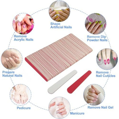 Mini Nail Files (100 Pack) - 180/240 Grit Wooden Emery Board, Double Sided Small Wood Fingernail Files for Natural Nails, Professional Reusable Manicure Pedicure