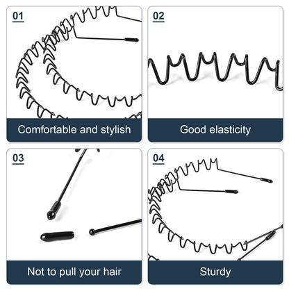 Eduftis 2-Pack Metal Headbands - Black Spring Wave Non-Slip Hair Bands for Women and Men, Simple Fashion Hair Hoops for Sports and Daily Wear