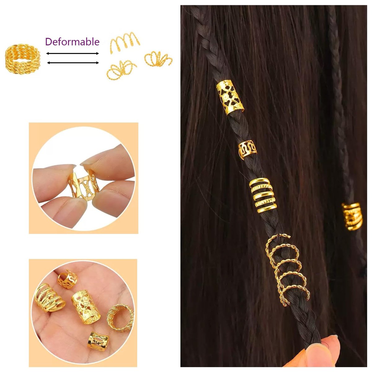 Tuefuzy 110 Pcs Gold Hair Jewelry for Braids and Dreadlocks - Metal Rings, Cuffs, Clips Accessory Decorations - Golden Yellow - görsel 9